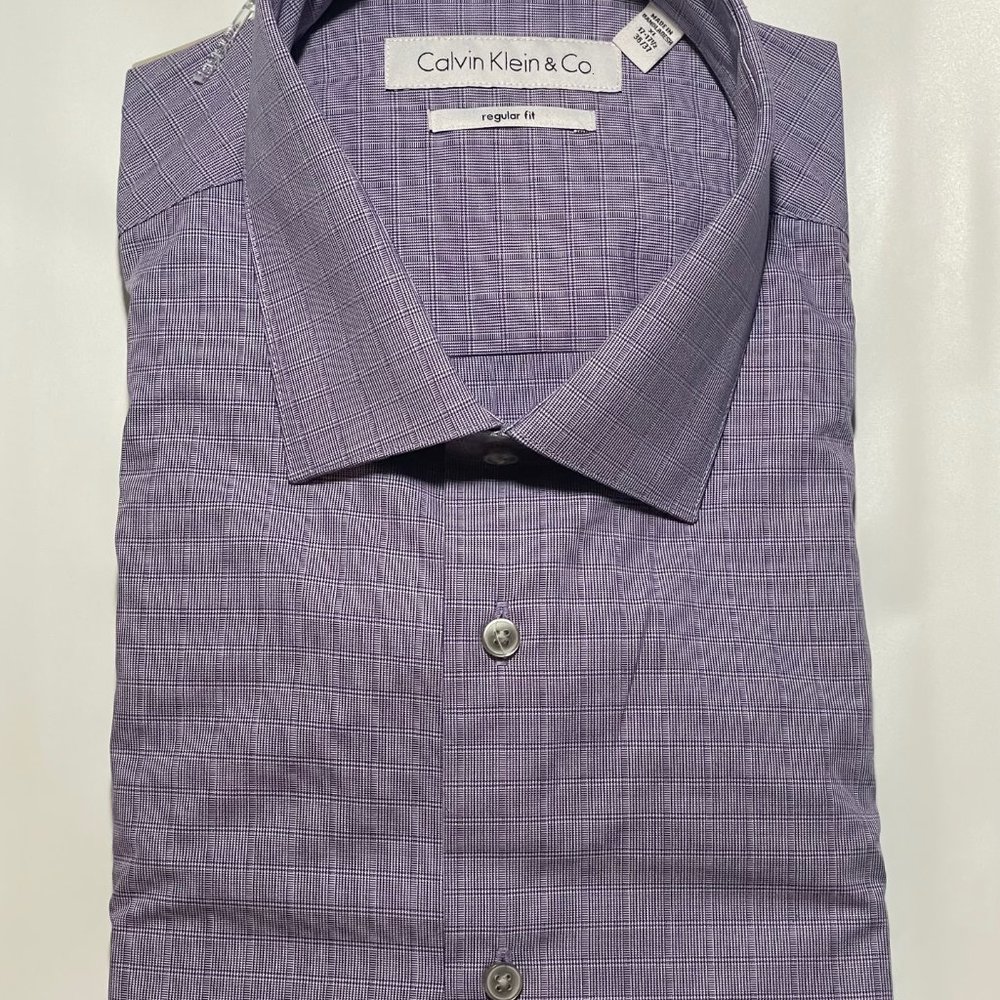 NEW Authentic Calvin Klein Dress Shirt Regular Fit, 100%Cotton, Sm Wh/Purple, XL